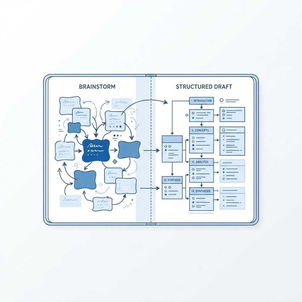 Ilustración abstracta de un esquema convirtiéndose en un documento estructurado, con cuadros conectados por flechas